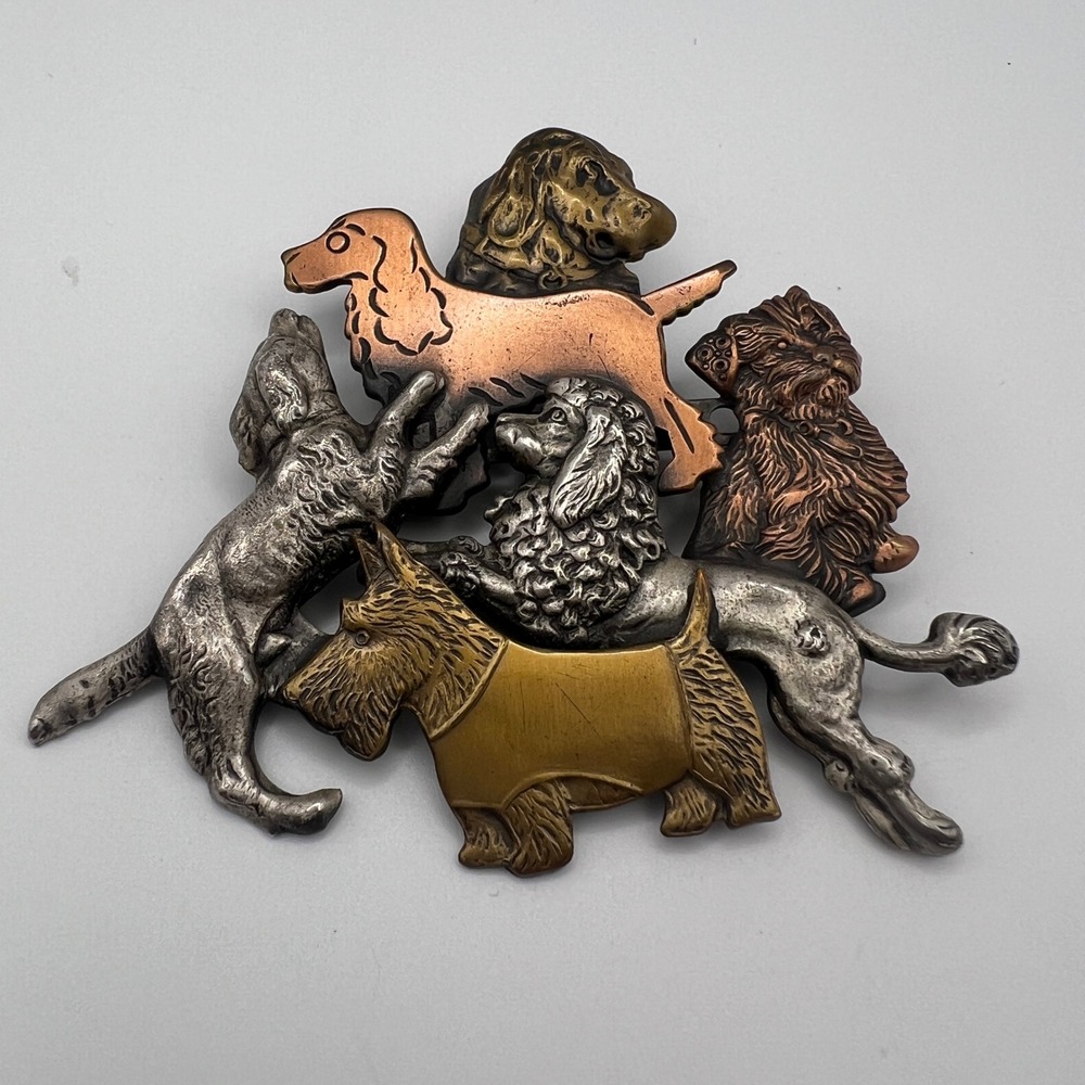 Vintage Mixed Metal Dog Pile Brooch Scottie Poodle Spaniel Multi Tone‎ Pin